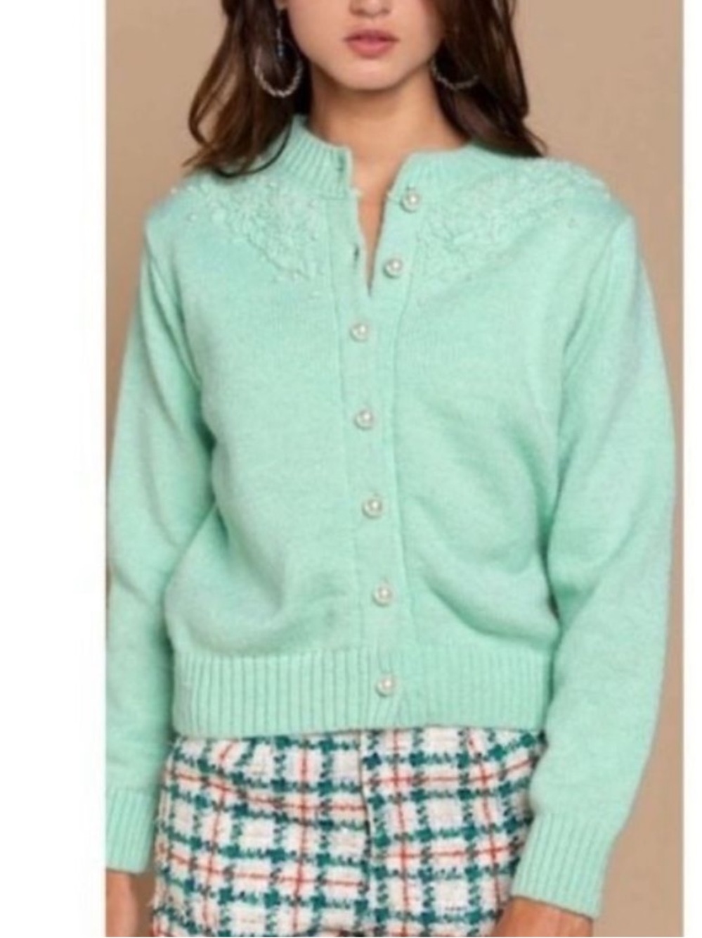 Pol Mint Green Embellished Knit Cardigan Sweater